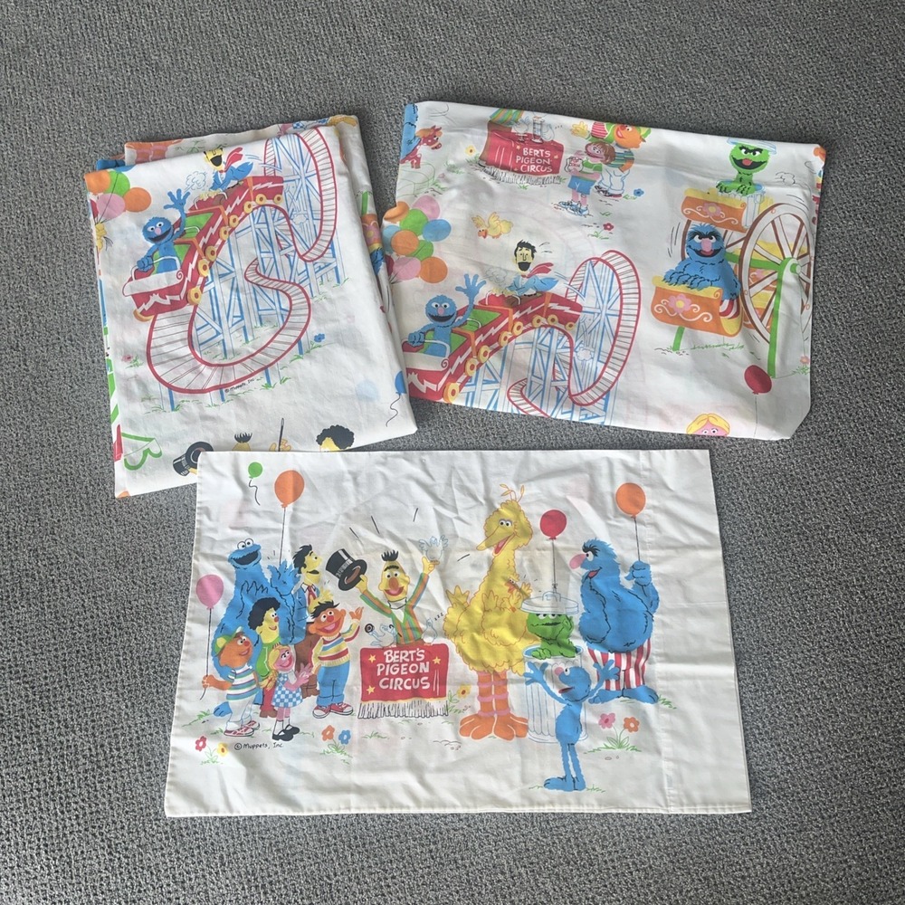 Vintage Muppets, Sesame Circus Twin Sheet Set: 1980's Bedding, Fitted, Flat